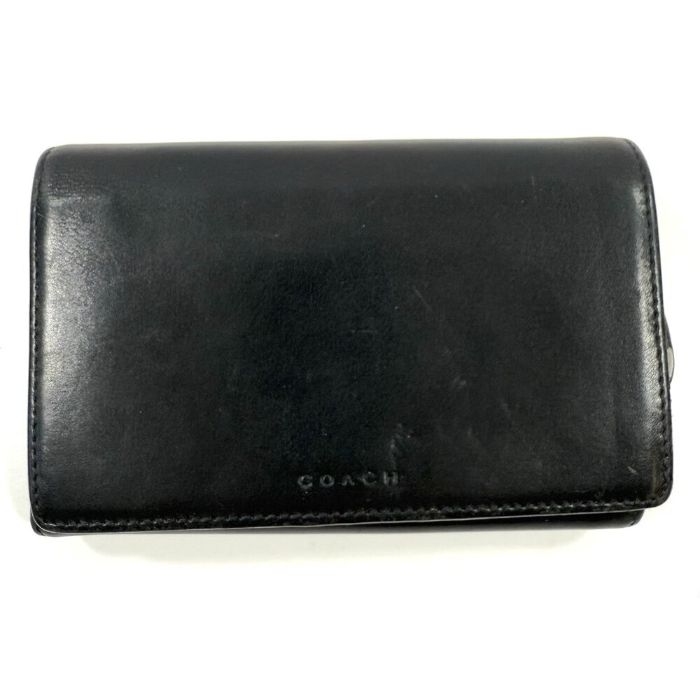 Vintage Coach Bifold Wallet Black Smooth Leather Snap Zipper Coin 5 Card Slots